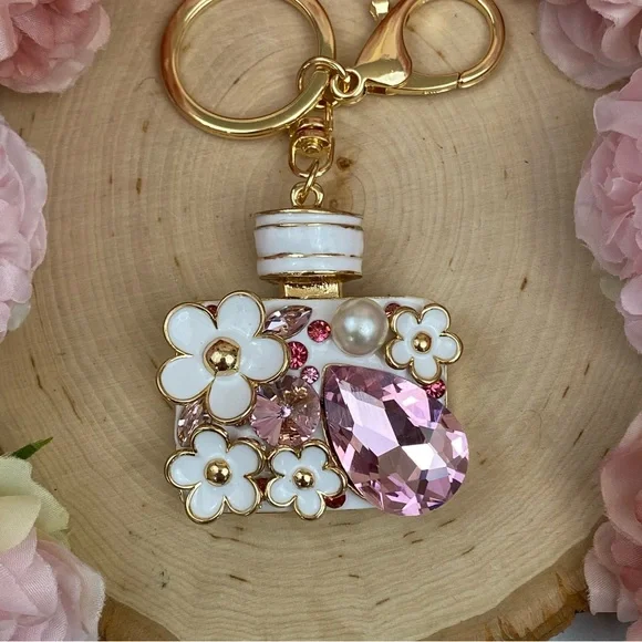 Pink Crystal Flower Perfume Bottle Keychain Charm - Picture 13 of 16